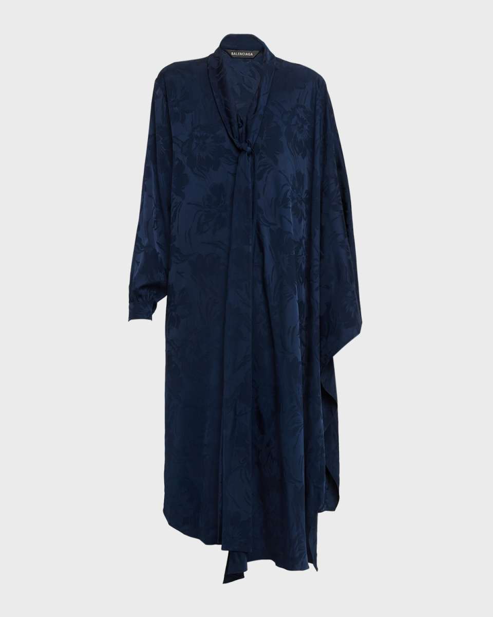 Floral Jacquard Long-Sleeve Maxi Scarf Dress